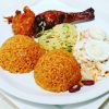 Jollof rice/ Fried rice Meat/chicken/fried fish Salad/moimoi/plantain