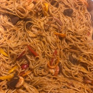 Spaghetti jollof Chicken/fried fish/beef Moimoi/plantain
